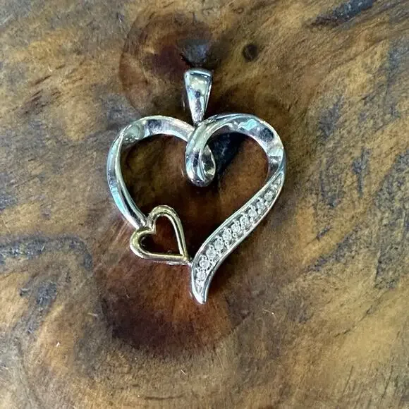 925 Sterling Silver / 10K Gold Real Diamond Double Heart Charm Pendant - Picture 8 of 12